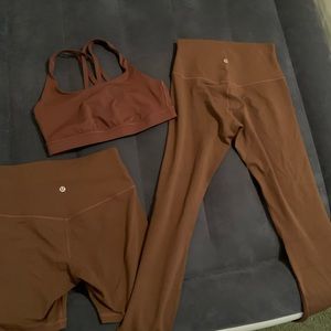 Worn 1 time each lululemon Java set- Align 25 in, align shorts 6 inch,energy bra